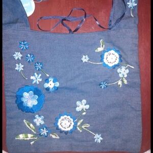 Blue Beaded Sequinced Embroided Flowers Cotton Crossbody Shoulder Bag New Tags